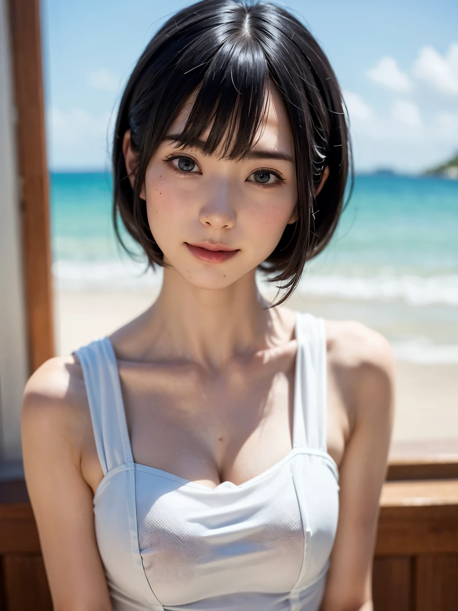 女の子1人、top-quality、Realistic、report、Depth of the bounds written、natural soft light、during daytime、魅惑的、beauitful face、cleanliness、pure face、white skin、cute hawk hair、bangs、beach、rays of sunshine、Nedium Breast Body Esbian、((Attractive see-through costume、黄金比beauitful face、 Beautiful symmetrical face))、long neck、Please show your ears、bangsのあるきれいな短いボブヘア、close your mouth and smile:1.4、close your mouth and smile:1.4、perfect hands指、perfect hands、perfect body、face perfect、shine a light on the eyes、perfect anatomy:1.4、very cute super model:1.4、sexual:1.4