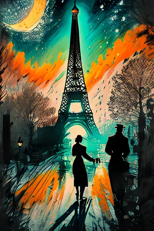 Affiche vectorielle style Van Gogh (Tour Eiffel, champ de Mars, Seine dans la ville de Paris) en terrasse le soir sur la place d...