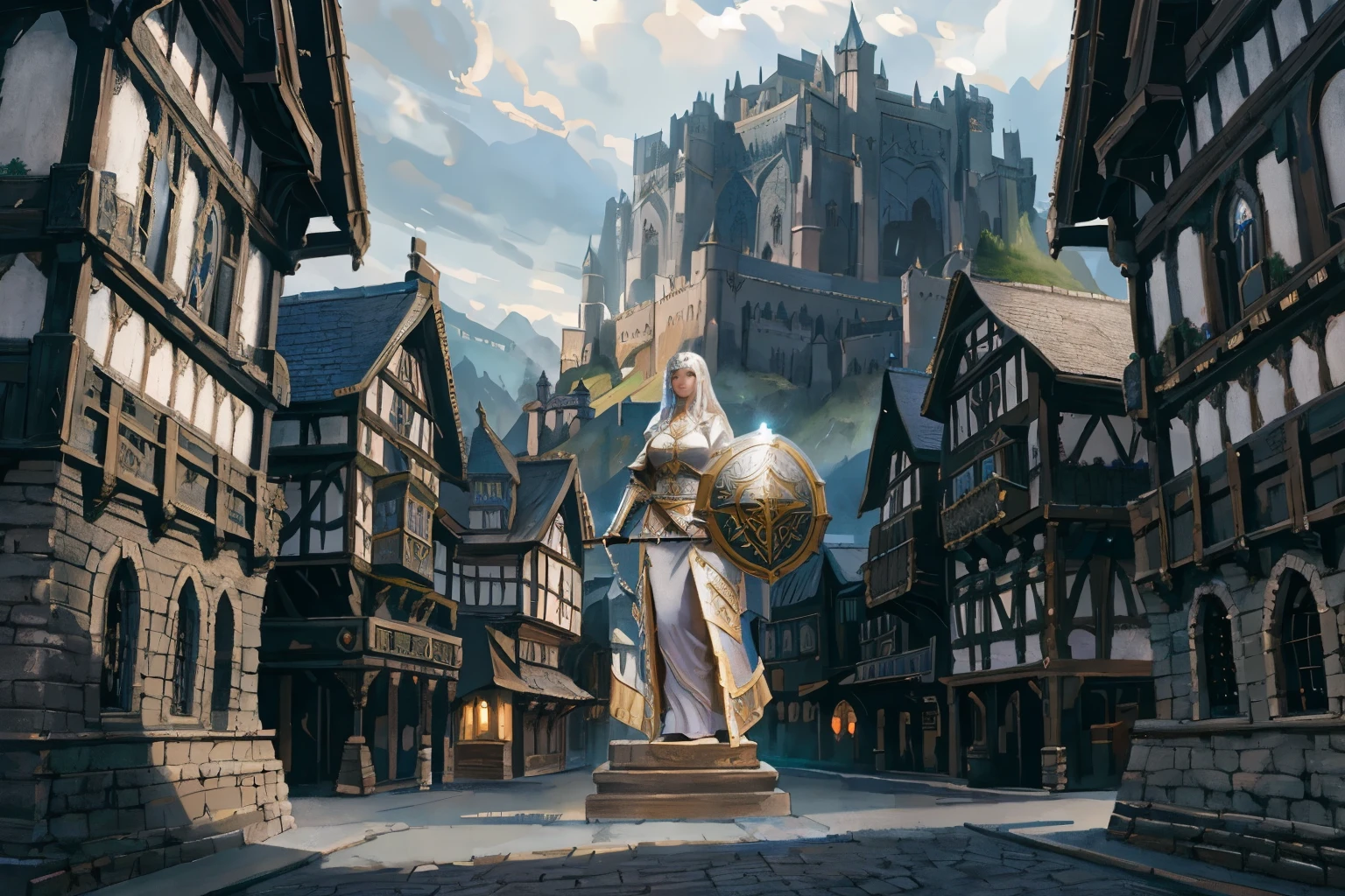 Hay una estatua de una mujer sosteniendo un escudo en un pueblo, Arte de fantasía de Unreal Engine, epic arte del juego de cartas de fantasía, arte del juego de cartas de fantasía épica, por Franz Hegi, elegante arte cinematográfico de fantasía, hiperrealista d & d arte de fantasía, arte del juego de fantasía medieval, Fondo de la ciudad medieval, arte del juego de cartas de fantasía, anor londo, una fantasía épica