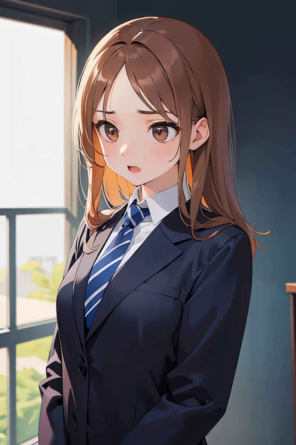 (looking away:1.5), ​masterpiece、top-quality、 forehead, A 2 woman with medium long hair and brown eyes with bright chestnut bangs.、wearing a gray suit、wearing gray pants、Wearing a blue tie、Serious look、open mouth, is standing、The background is office、Bold composition、Upper body is shown、Alone、Close-up of your face
