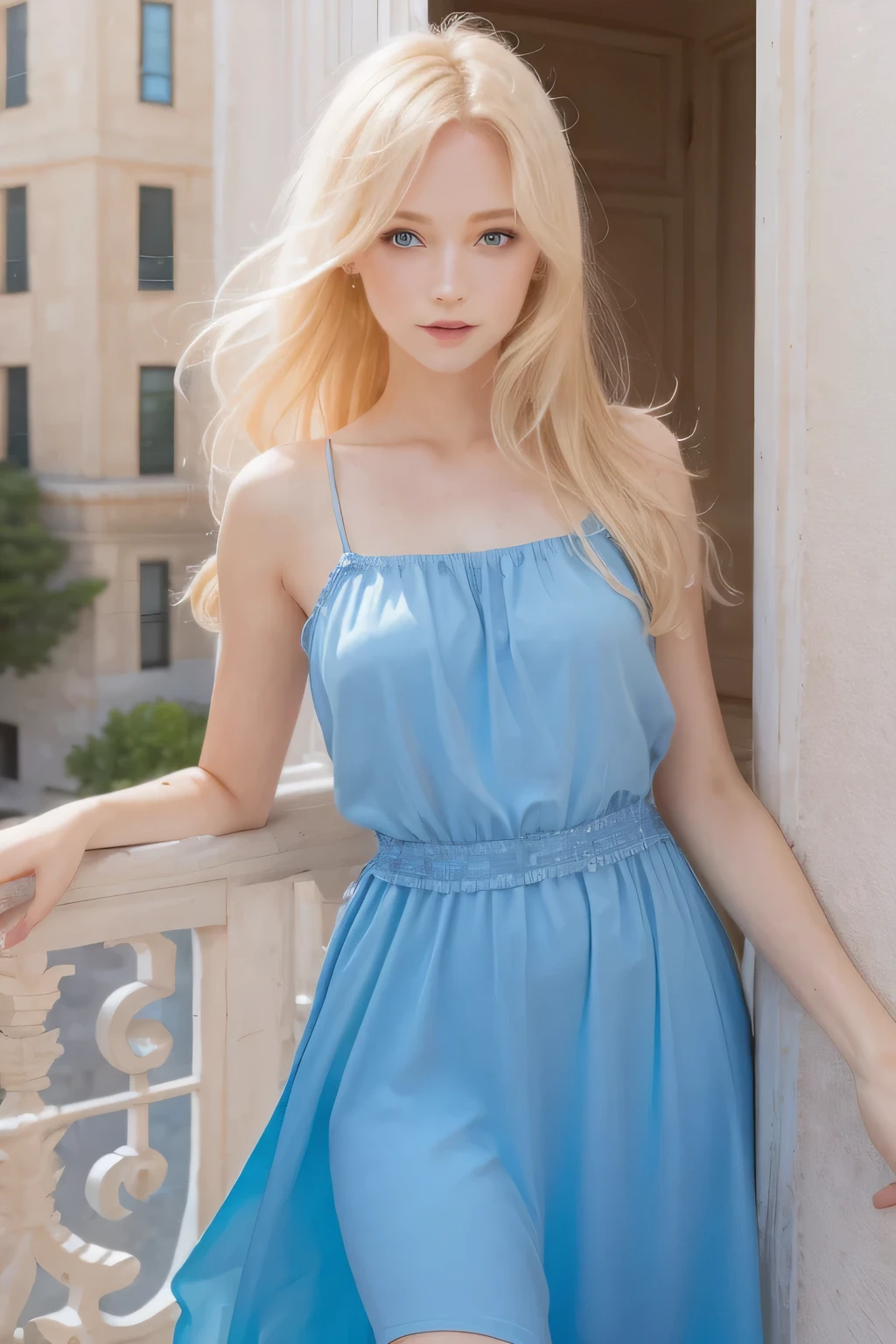 Очень красивая сексуальная девушка на балконе, светлые волосы, голубые глаза, одета в летнее платье, контрастный свет, яркие цвета, Солнечный лучик, высокая детализация, --s кусочек жизни --c 10