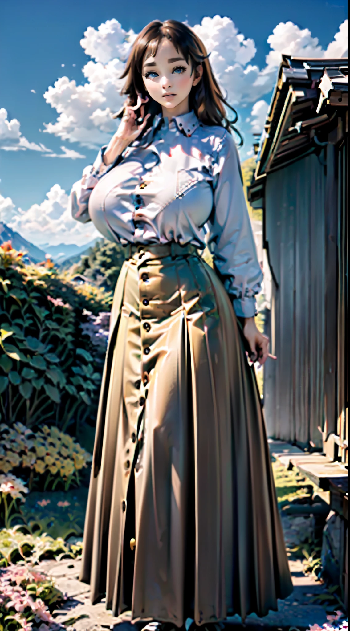 ((Beautiful 35_year_old japanese_woman with tan_skin, brown_hair and kitsune_ears)), (((standing_straight))), (((japanese_country_side))), ((wearing long_skirt with white_button_up_shirt), (((buttons_stretched))), ((full_body_photo)), ((((tube_shaped_breasts))), (((breasts_curved_upwards))), ((((((hyper_long_length_breasts)))))), ((((nipples_poking_upward)))), (((errect_nipples))), (((firm_breasts))), (((breasts_curved_outward from chest))), ((((pointy_breasts)))), (perfect_face), ((((narrow_breasts)))), (((curved_outward_nipples))), (((cylinder_shaped_breasts))), ((((breasts set far apart from each other)))), (((breasts_curving_up_to_sky))), ((smooth_skin)), (perfect_fingers), ((((oblong_breasts)))), (((beautiful_nipples))), ((perfect_fingers)), ((better_eyes)), (bright_sunlight), ((beautiful_face)), ((feminine_face)), (grassy_plain with mount_fuji in distance and sakura_flowers), (((perfect_nipples))), ((perfect_body)), (((perfect_hands))), (((best_quality))), (((perfect_fabric)))