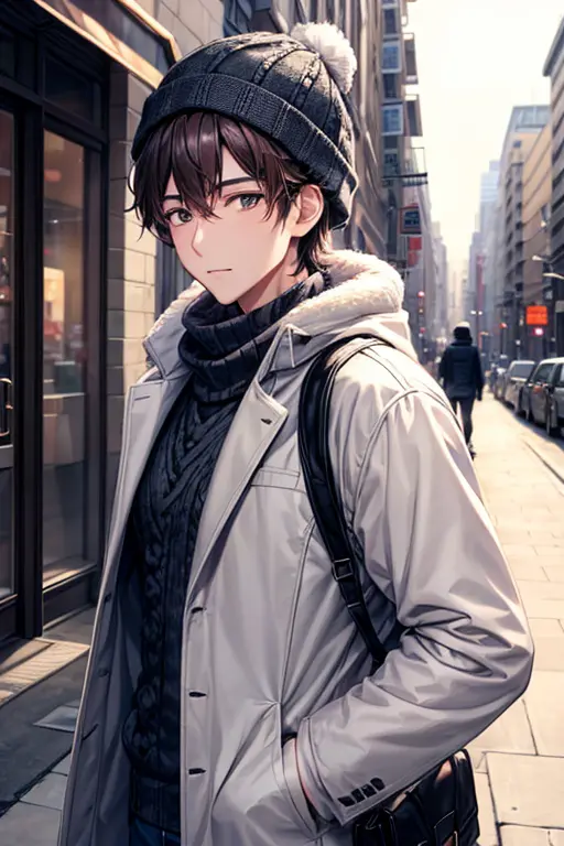 handsome man walking in the city、cold day、with short brown hair,lunette de soleil、knit hat、black down jacket、white denim、long-sl...