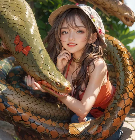 A beautiful girl who came to the park to play with the big snake.