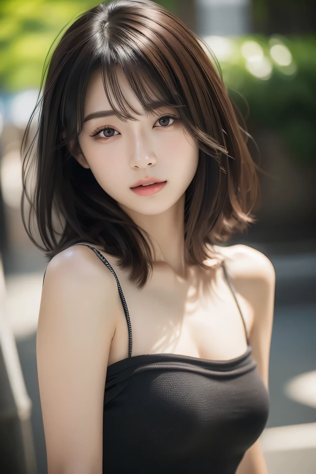 high resolution、photograph的、Hyper-Realism、portrait of a woman、lounging、 photograph、Reality、beautiful japanese woman、、A dark-haired、Lots of bangs、medium bob、big breasts same、Tank top、Detailed face、Detailed Rip、Detailed eyes、Glossy skin、One Person、Ideal beauty