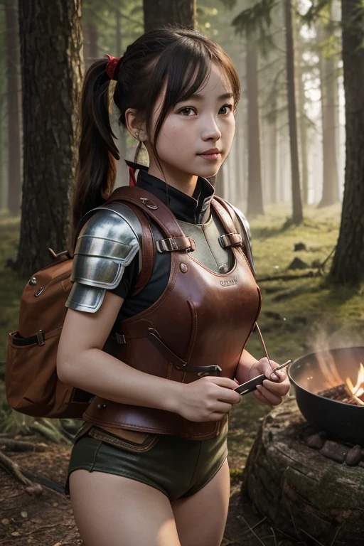 （ultra best quality、In 8K、Masseter muscle part、delicate illustrations）,young and cute hunter girl、Infant body shape、red short pigtails、Brown Leather Armor、A slight smil、Camping meal in the forest at night、