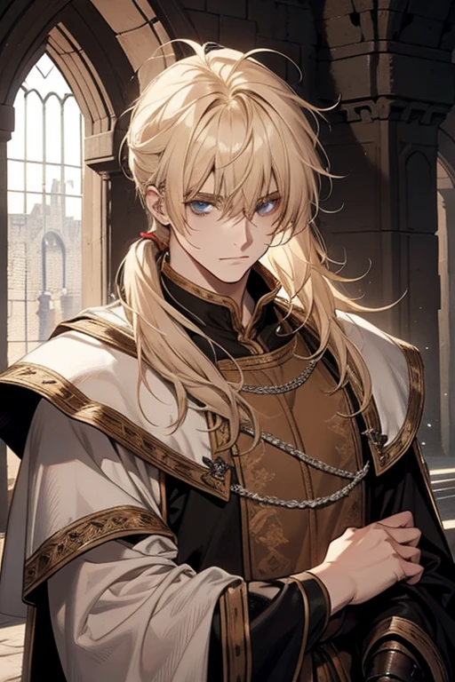 1 male, Relaxed, Messy blonde hair with low ponytail bangs, White Knight, Beautiful, in a castle, Medieval fantasy