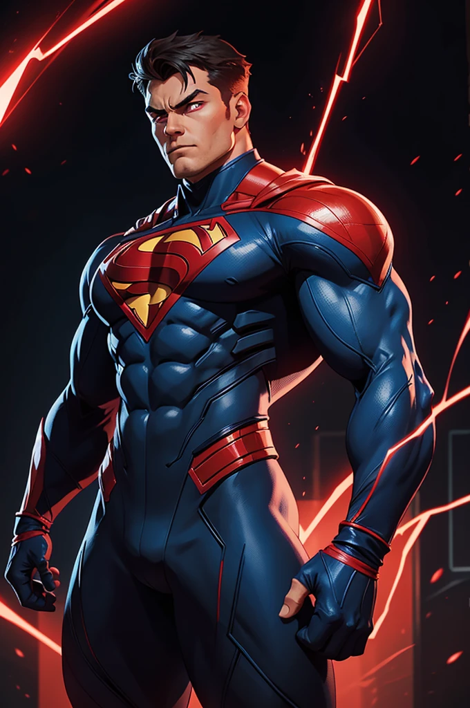 The image features a male superhero with a muscular build, clad in a suit that predominantly showcases blue and red hues. The superhero has red eyes, and the suit includes red detailing that can be seen on the collar and perhaps the shoulder straps. His pose is powerful, with arms crossed in a dramatic X shape, facing forward. Surrounding the figure is a radiant red aura possibly suggestive of electrical or energy-based powers. All of this is set against a pitch-black background, which enhances the striking presence of the character and adds to the overall intensity of the scene.