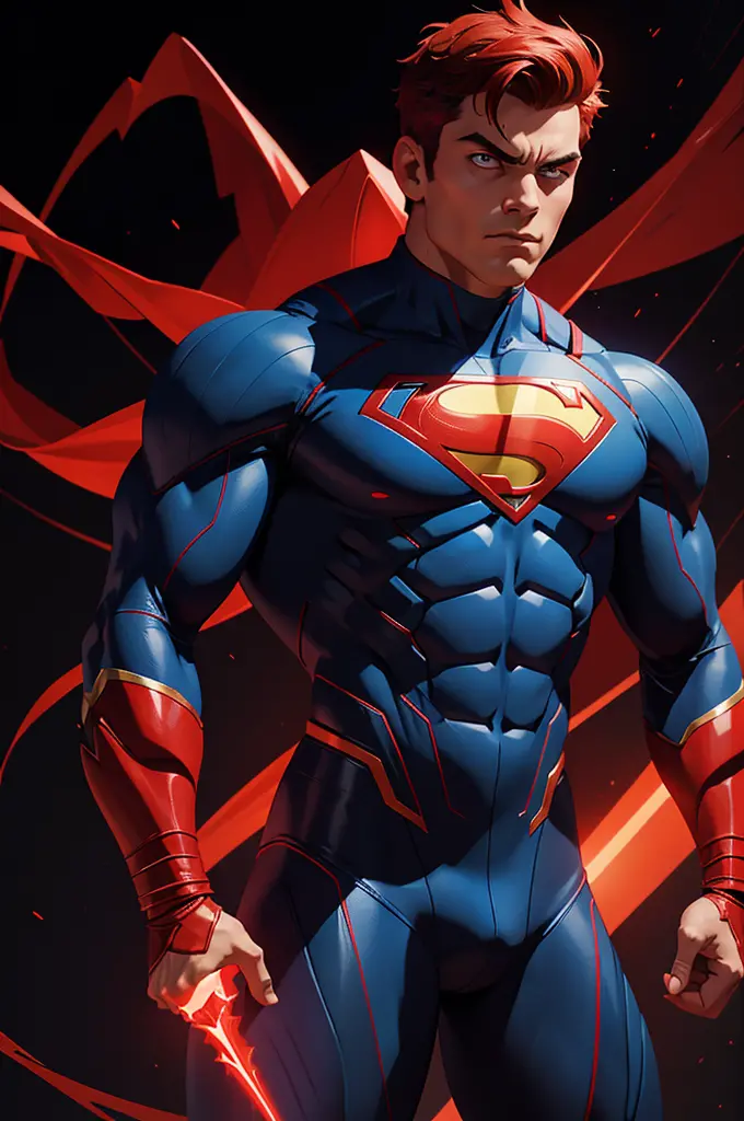 the image features a male superhero with a muscular build, clad in a suit that predominantly showcases blue and red hues. the su...