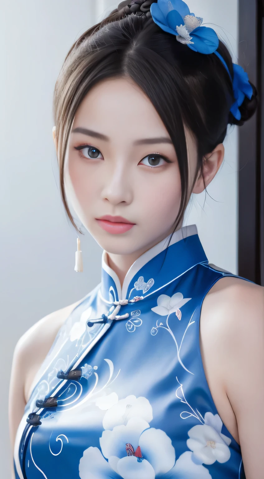 Blue and white porcelain style，Chinese cheongsam，blue and white cheongsam，ancient chinese art style，fashion model 18 years old [[[[close up]]]], [[[[]]]], [[[[]]]], [[[[shoulder]]]], perfect  eyes, perfect iris，perfect lips，perfect teeth，perfect skin，White skin，Soft headlight，high dynamic range，movie girl，The expression is melancholy，The background is ancient Chinese interior decoration，blue flower，4K Ultra HD, ultra high resolution, (realistically: 1.4), best quality，tmasterpiece，Ultra-diluted，（pastel colors：1.2）