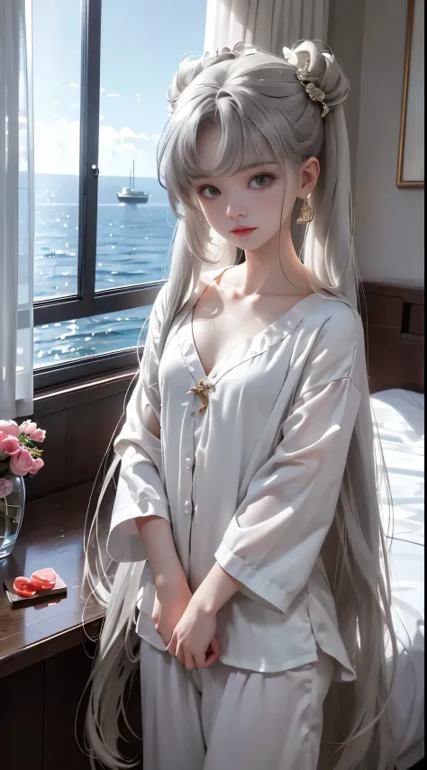 （In 8K、Raw photography、highest quality、hight resolution、masutepiece：1.4)、 tiny body，petite，gray hair，White bed，（red silk pajamas：1.4) ，luxury cruise ship cabin、Suite Room、sunny alcony