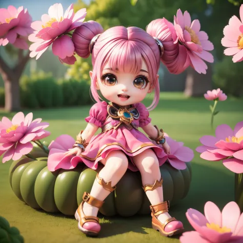 cute baby chibi selena mobile legend,(((chibi 3d))) (best quality) (master price)、(chibi :1.3)、sitting on smoky pink flowers、spe...