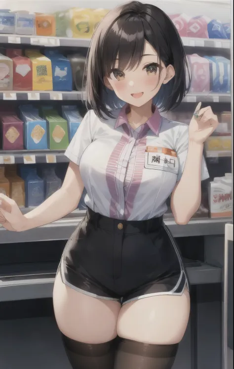 //character 1 girl,Cheerful cashier clerk , perfect body, medium large breast, slim curve, ultra detailed face, Super beautiful, pure love, cute girl, thin eyebrow, Ron face, a thoughtful smile, half open mouth, kiss face,beautiful short bob style, break /...