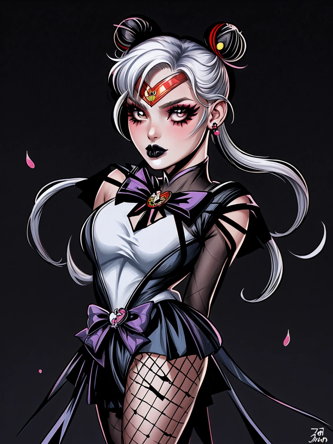 masterpiece, best quality, 1girl, gothic, black lips, solo, black hair, makeup, twin tails, hair buns, sailor moon, multicolored hair, white hair, bangs, eyeshadow, cross, hair bow, bow, lipstick, two-tone hair, fishnets, mascara, black background, hair ornament, (Genshin Impact)