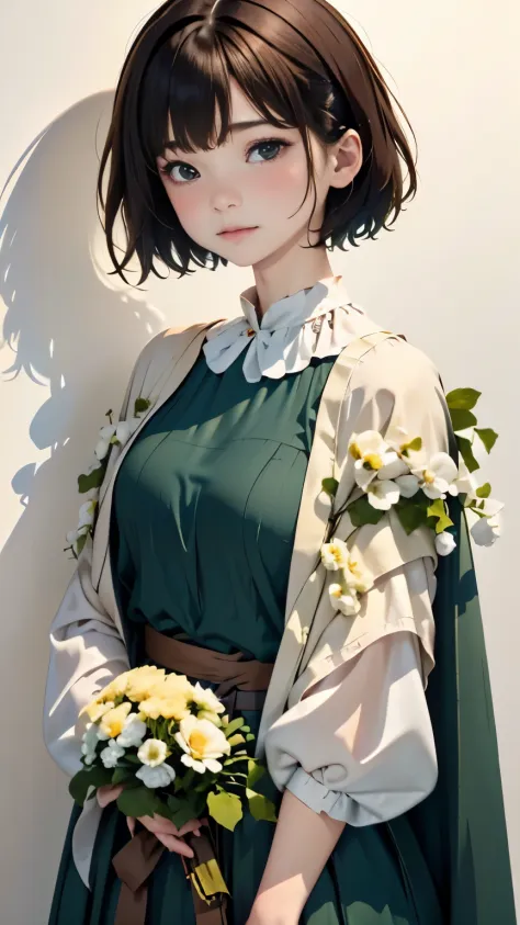 a woman standing in front of a white wall with a bouquet of flowers, with short hair, lofi-girl, with ivy, with teal clothes, wi...