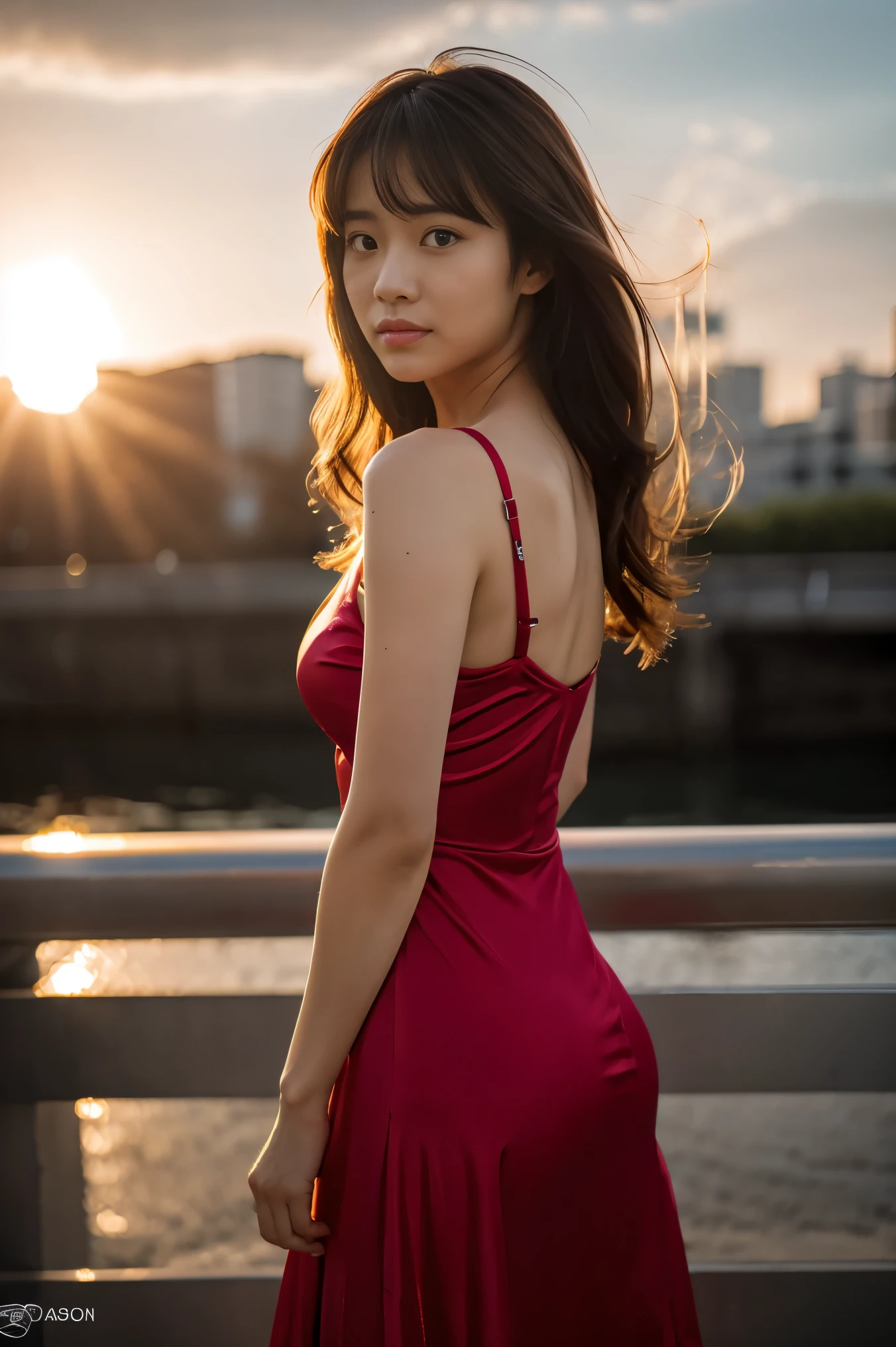 Fotorrealista, PelículaAcero,Una mujer japonesa vestida con un vestido femenino. Pelo despeinado, dramático, golpes en la piel, en un puente. luz de fondo.