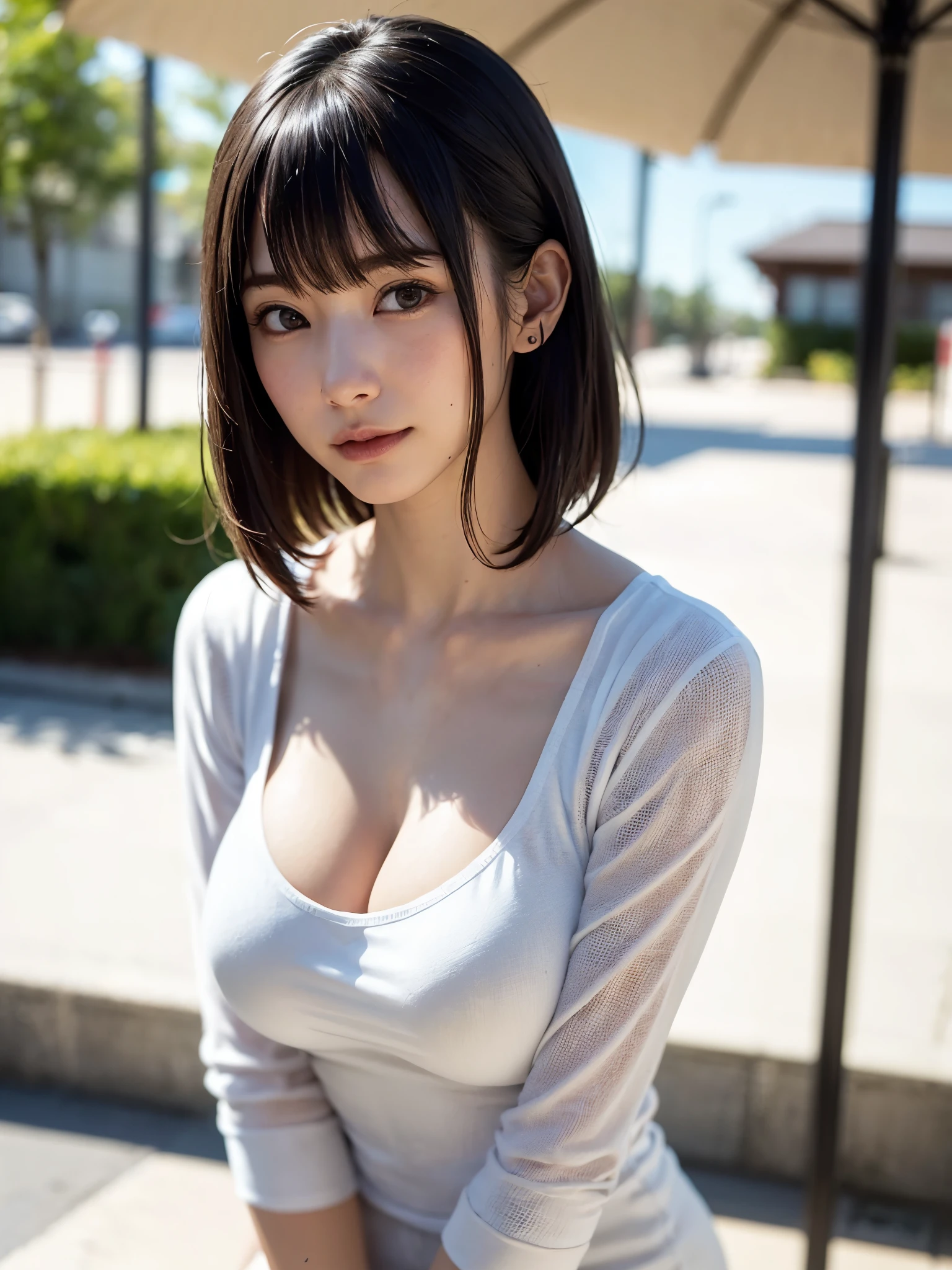 女の子1人、highest quality、Realistic、solo、Depth of the bounds written、natural soft light、daytime、troublesome、beautiful face、cleanliness、pure face、white skin、cute、short hair、bangs、beach、rays of sunshine、Nedium Breast Body Esbian、((Beautiful face with sweater golden ratio Beautiful face with symmetry))、long neck、Please show your ears、bangsのあるきれいな短いボブヘア、close your mouth and smile:1.7、perfect hands指、perfect hands、perfect body、perfect face、shine a light on the eyes、perfect anatomy:1.4、とてもcuteスーパーモデル:1.4、({huge|big breasts|hugeな|mega} Generally poor breasts:1.4, cleavage:1.4)