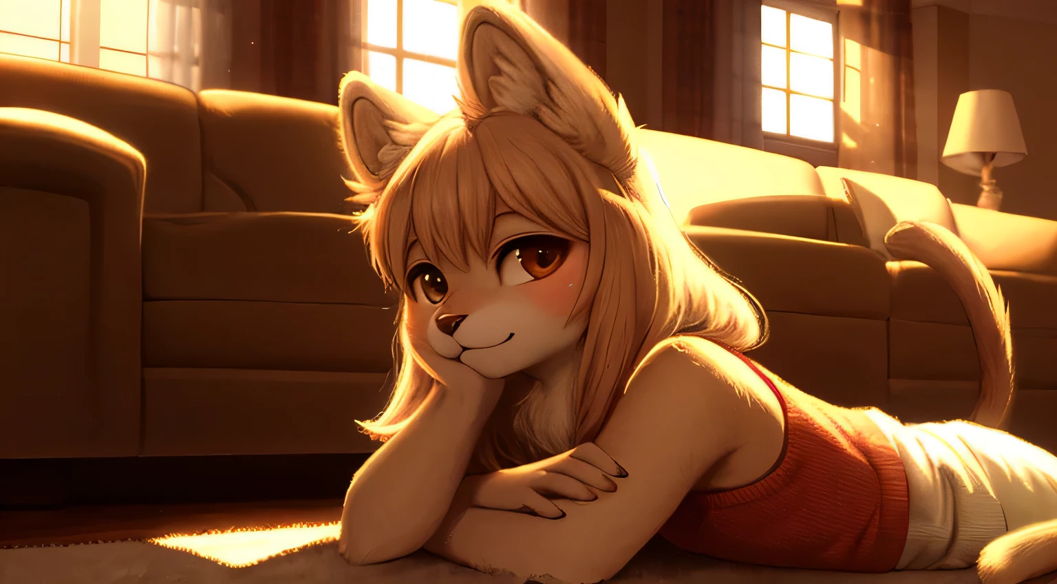 Cat casual outfit cute face, furry ears, Living room medium bushy tail, Beautiful light and shadow bust, Highest quality fine lines and refined facial features, Good ambient light, superfine fur、Volumetric light is very detailed,Finest quality furry art
