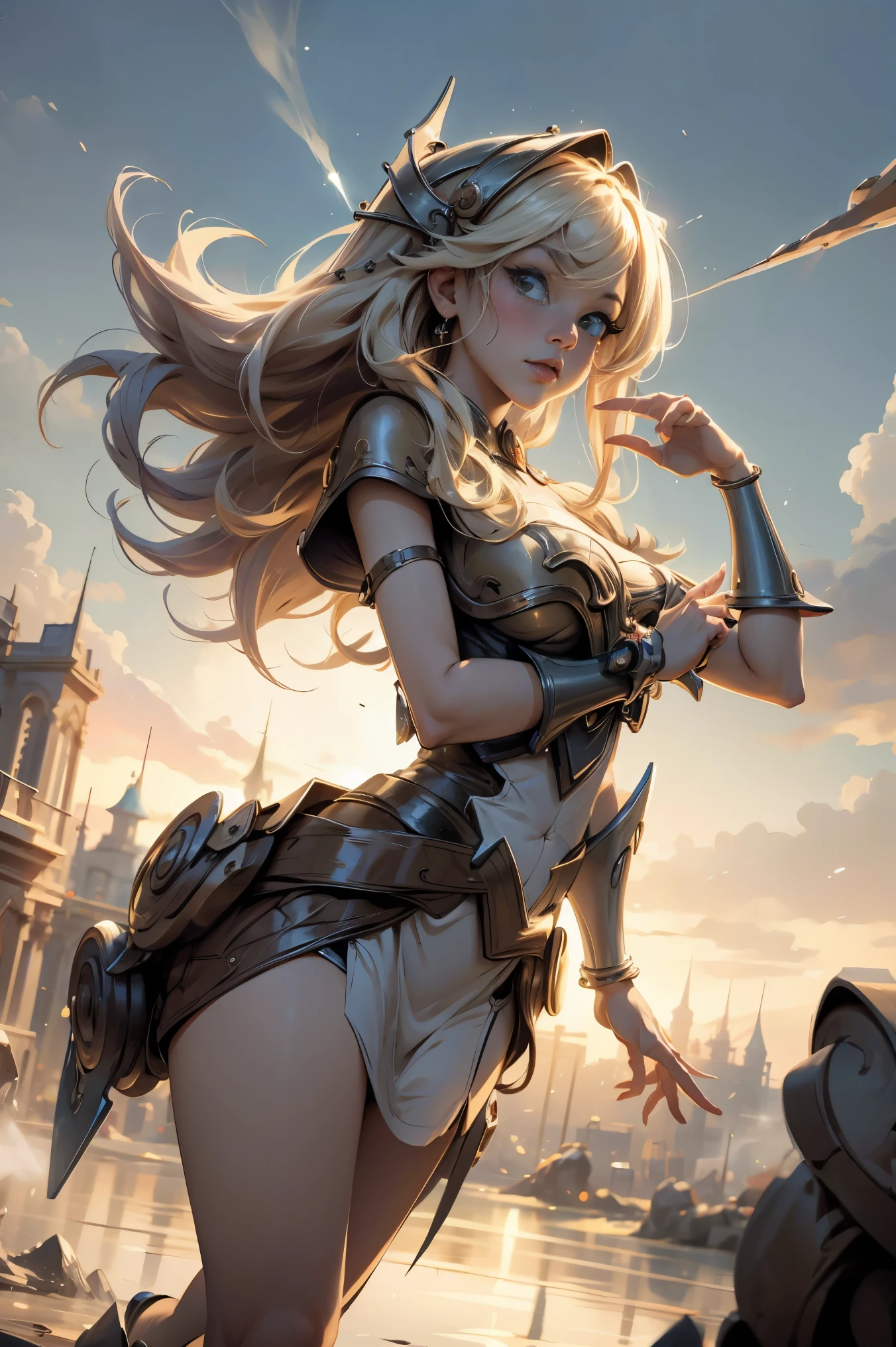 only, Super fine photo, Unreal Engine 5 8K UHD digital art portrait of a girl, Conceptual art, character concept design, wearing a tight, shiny white dress with metallic details, golden crown, blue eyes, fantasy princess, metal glove, long blonde hair, The best quality, masterpiece, Super detailed, sharp focus, Subjective pose and sexy and innocent and