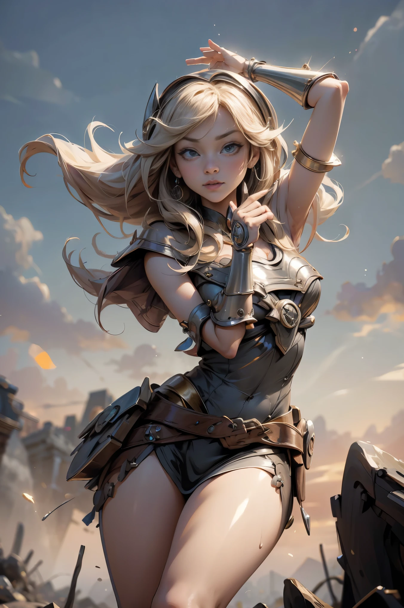 only, Super fine photo, Unreal Engine 5 8K UHD digital art portrait of a girl, Conceptual art, character concept design, wearing a tight, shiny white dress with metallic details, golden crown, blue eyes, fantasy princess, metal glove, long blonde hair, The best quality, masterpiece, Super detailed, sharp focus, Subjective pose and sexy and innocent and