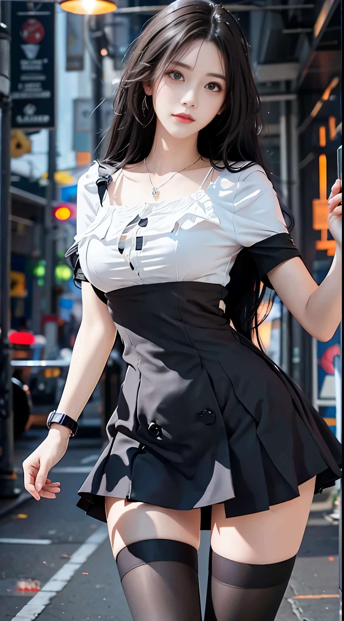 Araffe asian woman in a short skirt and stockings walking down a street -  SeaArt AI