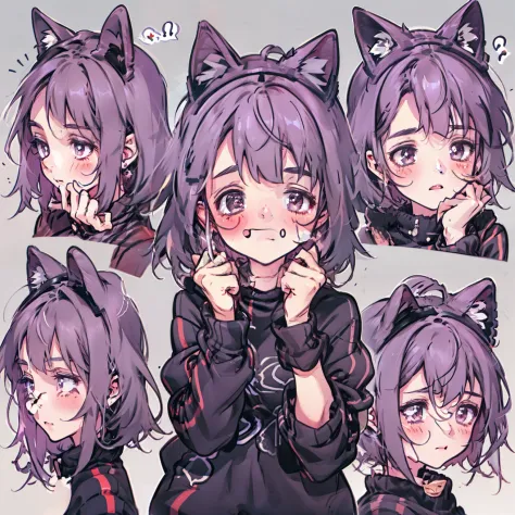 cute  girls，emoji pack，cat ear，violet-haired，short hair,（9 emojis，emoji sheet，Align arrangement)，9 poses and expressions（Grieving，astonishment，having fun，excitement，big laughter，doubt，Angry，Touch your head，Sell moe, wait），Anthropomorphic style，Disney style...