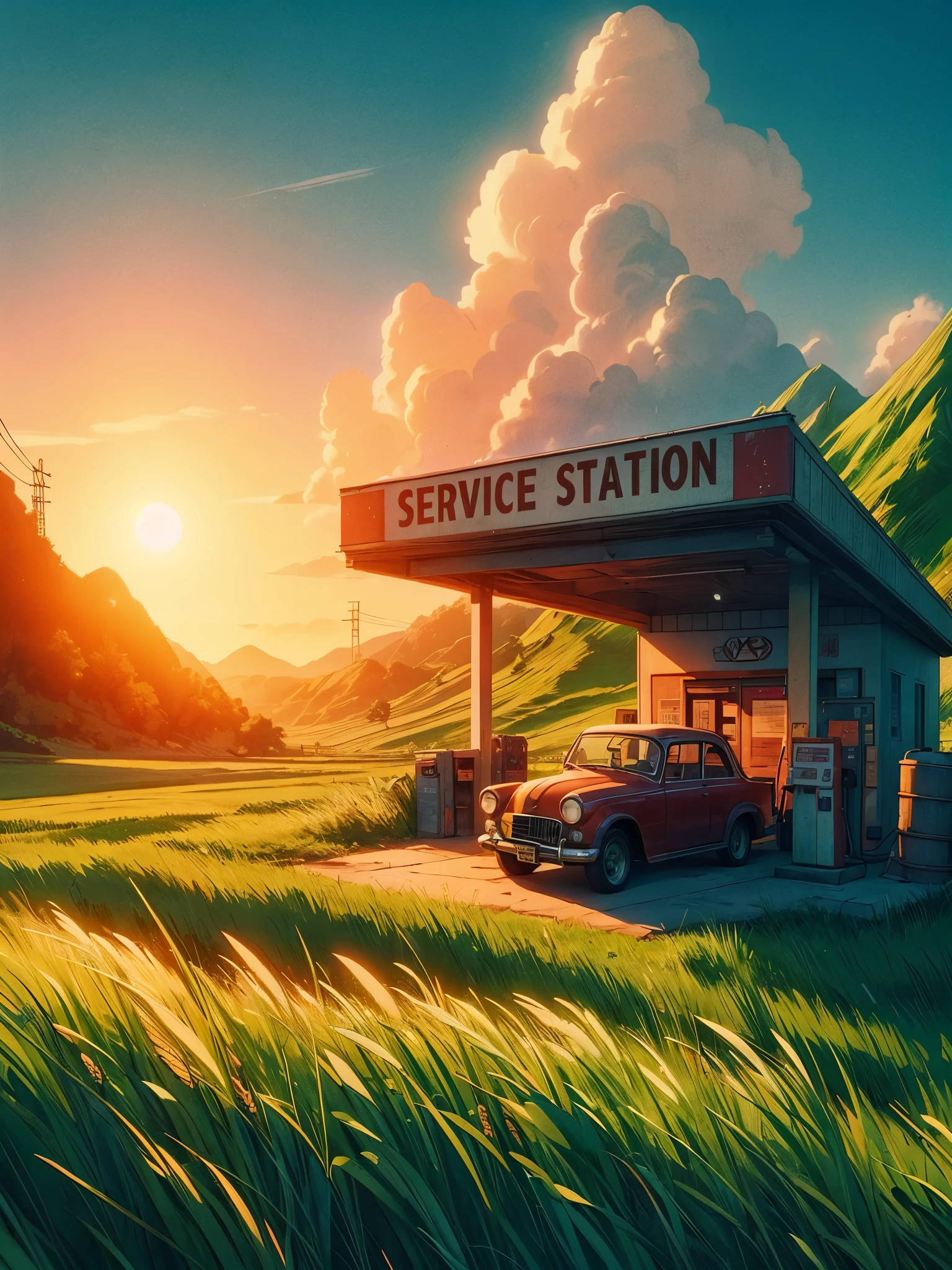 Draw a digital anime simple art scene of service station in green grass field, A vintage retro card parked beside, long grass, the sunset casts a warm glow across the vast, untamed landscape. The rugged beauty of the terrain unfolds, no humans and cattle, vibrant color tones