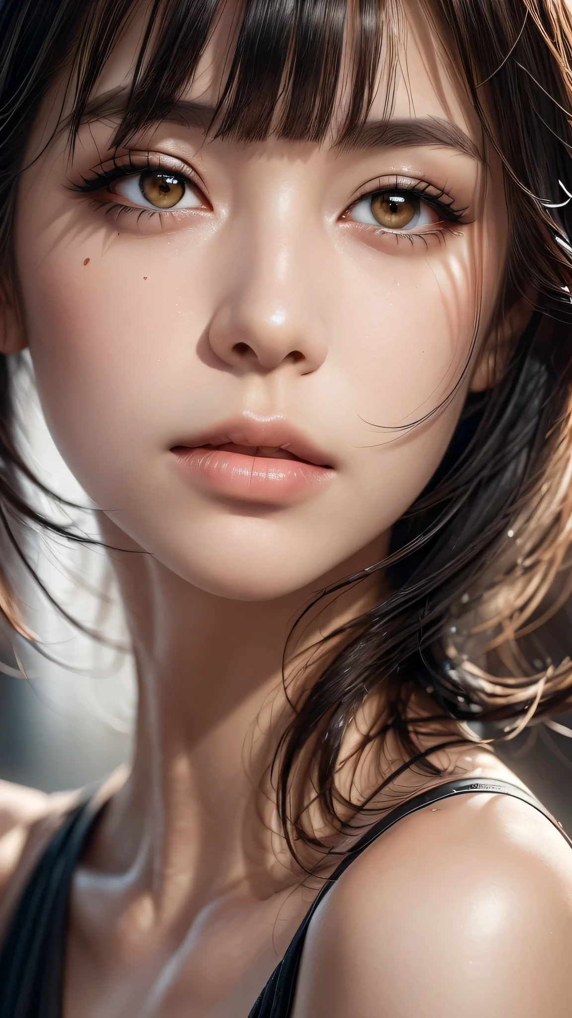 dressed, (photo realistic:1.4), (hyper realistic:1.4), (realistic:1.3), (smoother lighting:1.05), (increase cinematic lighting quality:0.9), 32K, 1girl,25yo girl, realistic lighting, backlighting, light on face, ray trace, (brightening light:1.2), (Increase quality:1.4), (best quality real texture skin:1.4), finely detailed eyes, finely detailed face, finely quality eyes, (tired and sleepy and satisfied:0.0), (((face closeup))), bikini, korean girl, (Increase body line mood:1.1), (Increase skin texture beauty:1.1), (light makeup, [[pink lipstick]], eyeliner), (Brown eyes), (((light dark short ((side swept bangs)), extremely detailed))), 