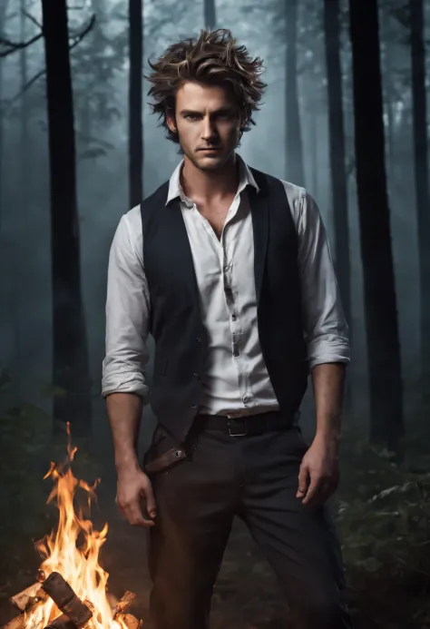 Male scientist with messy hair, 1 person, 30 years old, making a bonfire in the forest at night, wearing a suit: dirty with dirt...