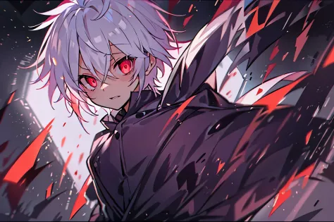 High resolution,close range、Anime boy with white hair and red eyes staring at camera, Glowing red eyes,slim, dressed in a black ...