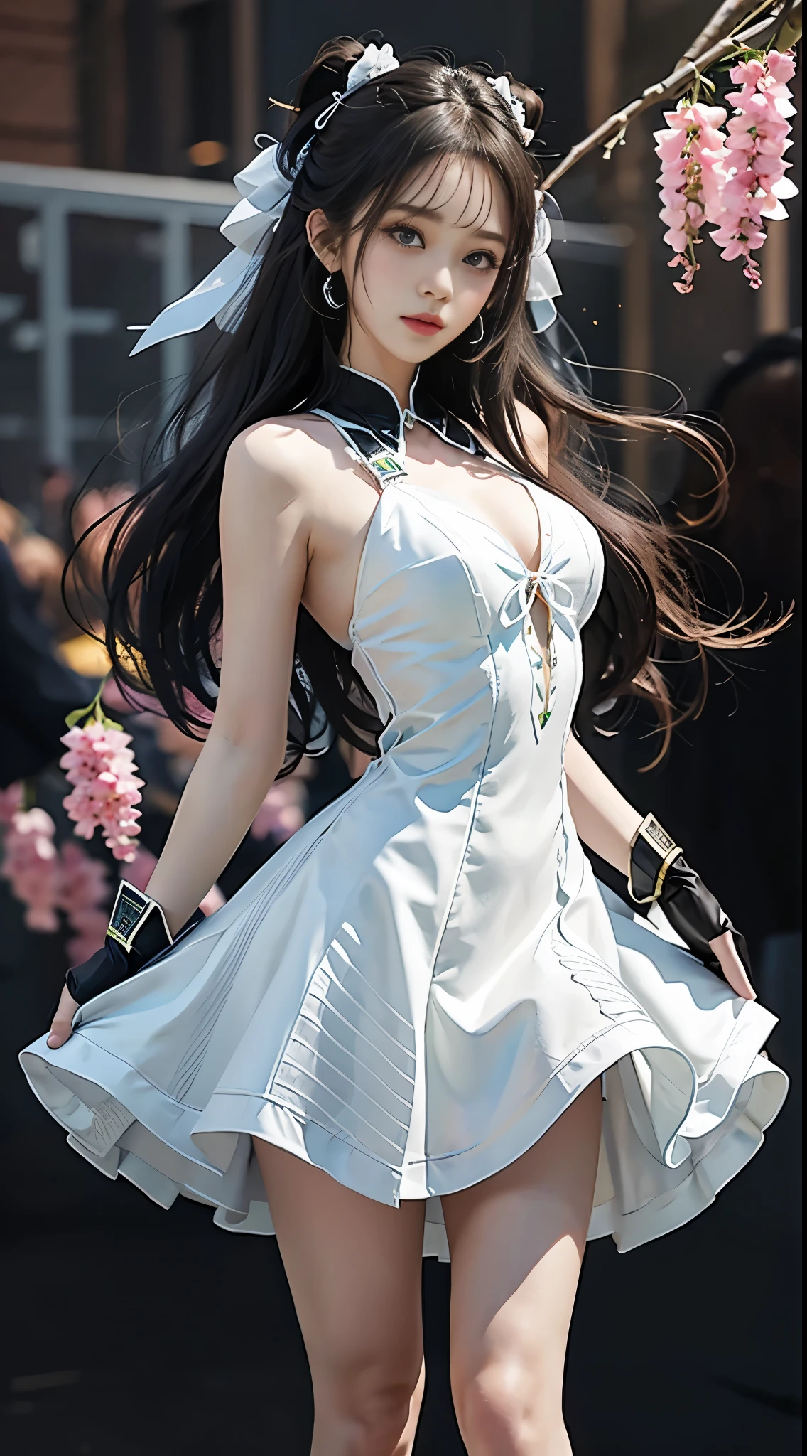 Special clothes58,white dress,pantyhose,green ribbon,striped, best quality， masterpiece， 1 girl， beautiful face， （照片lifelike：1.3）， edge lighting， （High detail skin：1.2）， 8K  UHD， digital SLR camera， high quality， high resolution， 4k， 8k， Bokeh， absurderes， Optimal proportions of four fingers and one thumb， （lifelike：1.3）， Cute 1girl, slim toned body, slender leg, A plump chest