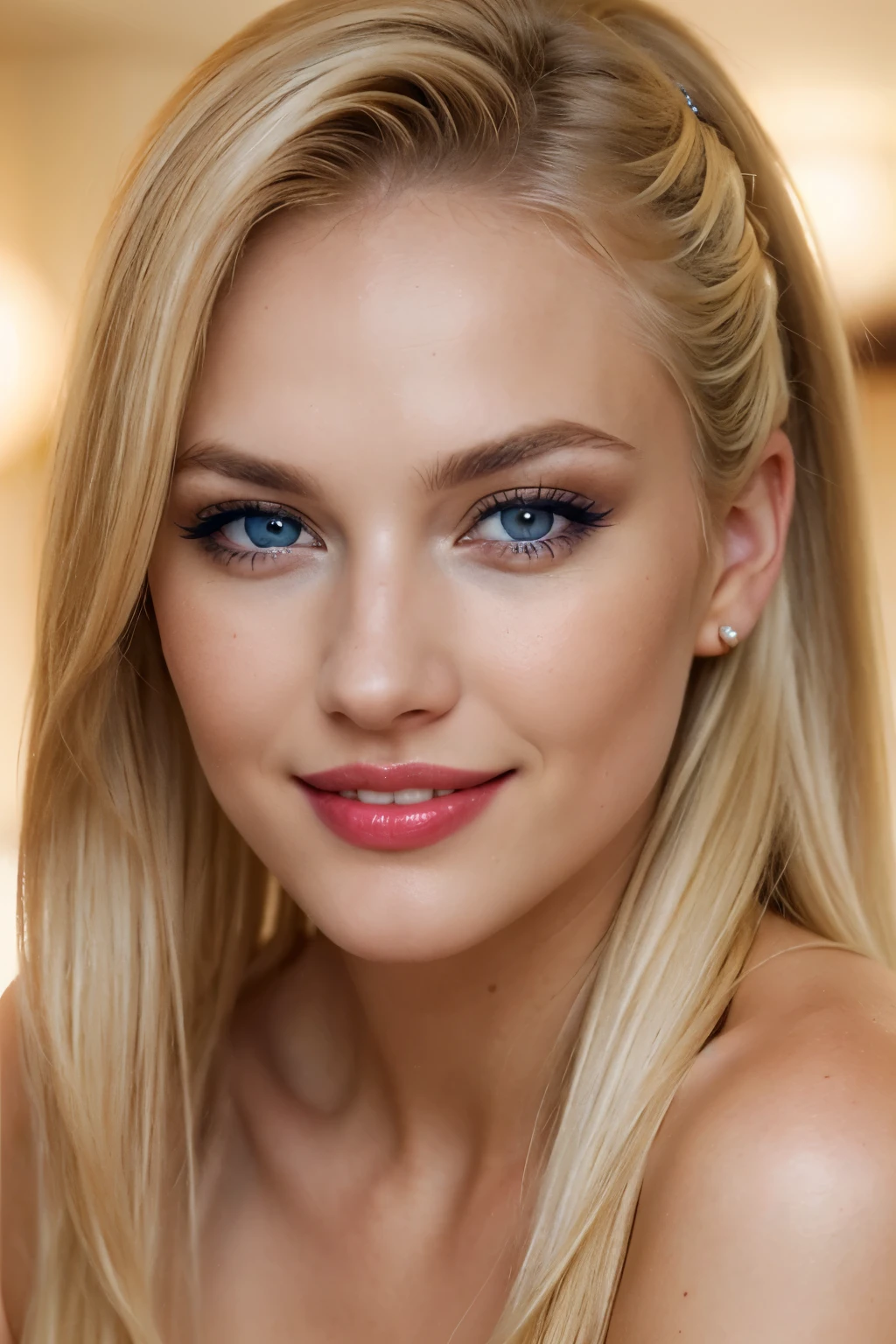 A close up of a woman with long blonde hair and blue eyes - SeaArt AI