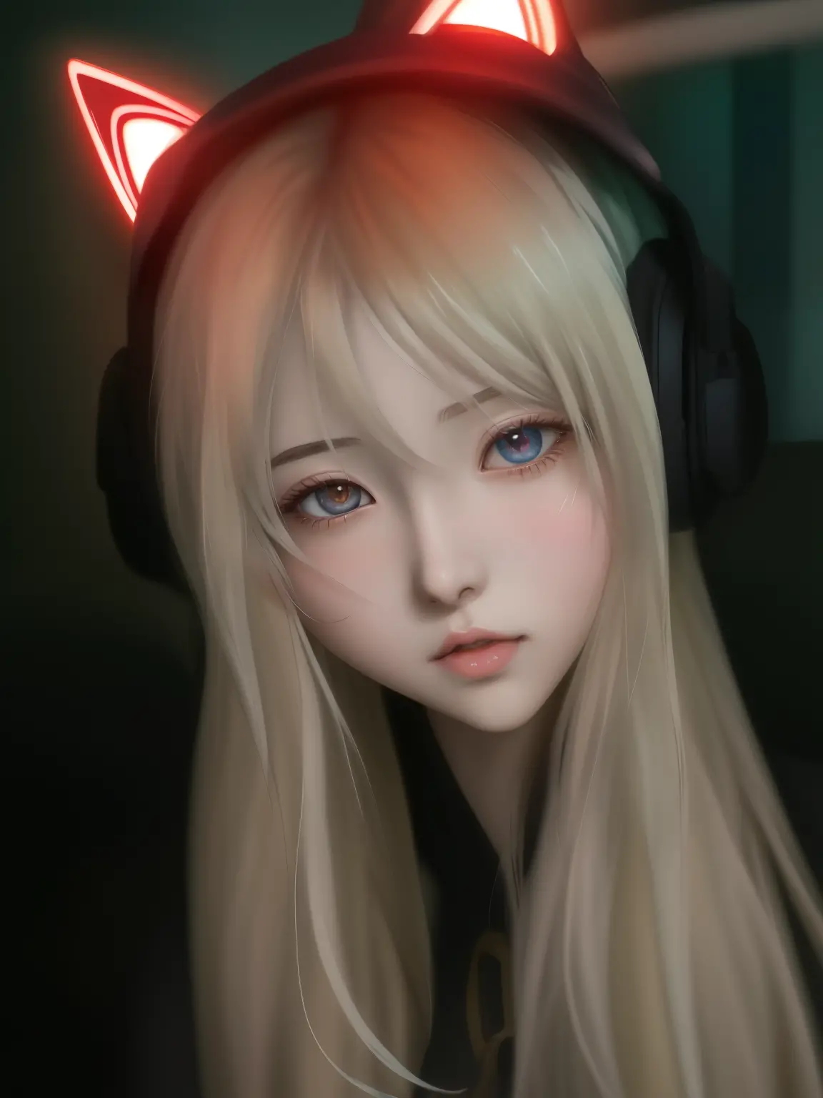 garota anime com fones de ouvido e olhos brilhantes com olhos vermelhos, estilo de arte de anime realista, obras de arte no esti...