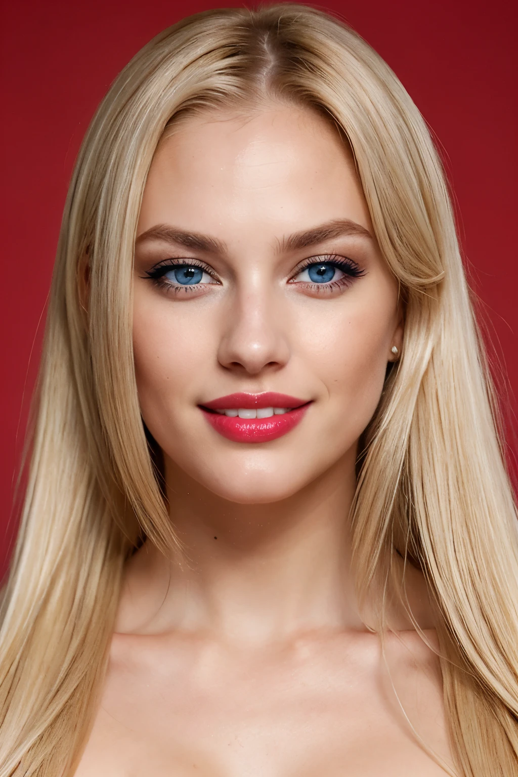 un contacto visual de una rubia, ojos azules y labios preciosos, luciendo sexy, córneo, maquillaje sutil, cabello hermoso, sonriente, mostrando los dientes, huelgas marrones en el cabello, labios rojos sutiles, cola de caballo