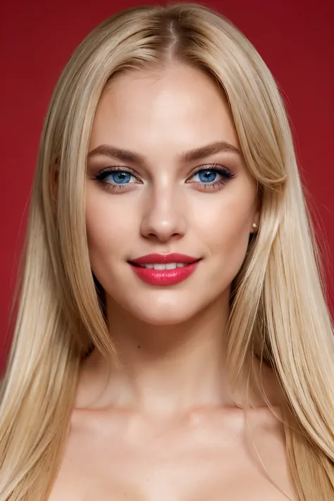 an eye contact of a blond, blue eyes and georgous lipps, looking sexy, horny, dezent make up, beautiful hair, smiling, showing teeth, brown strikes in hair, dezent red lips, pony tail