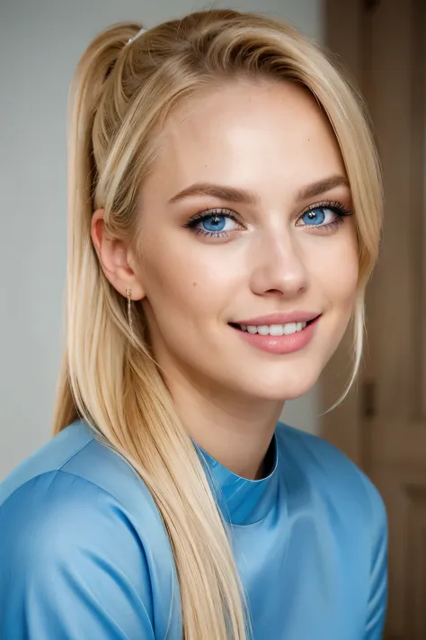 an eye contact of a blond, blue eyes and georgous lipps, looking sexy, horny, dezent make up, beautiful hair, smiling, showing teeth, brown strikes in hair, pony tail