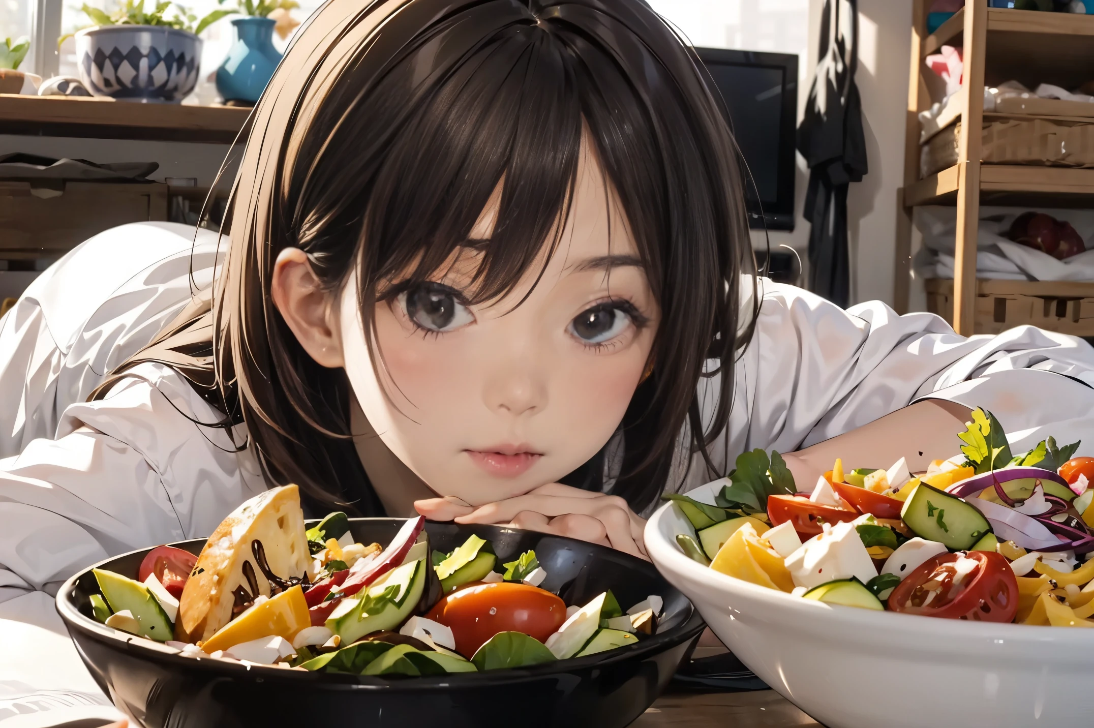 女の子1人、grim reaper、skull、reaper eating salad、salad、tomatoeoiled egg、cucumber、超A high resolution、