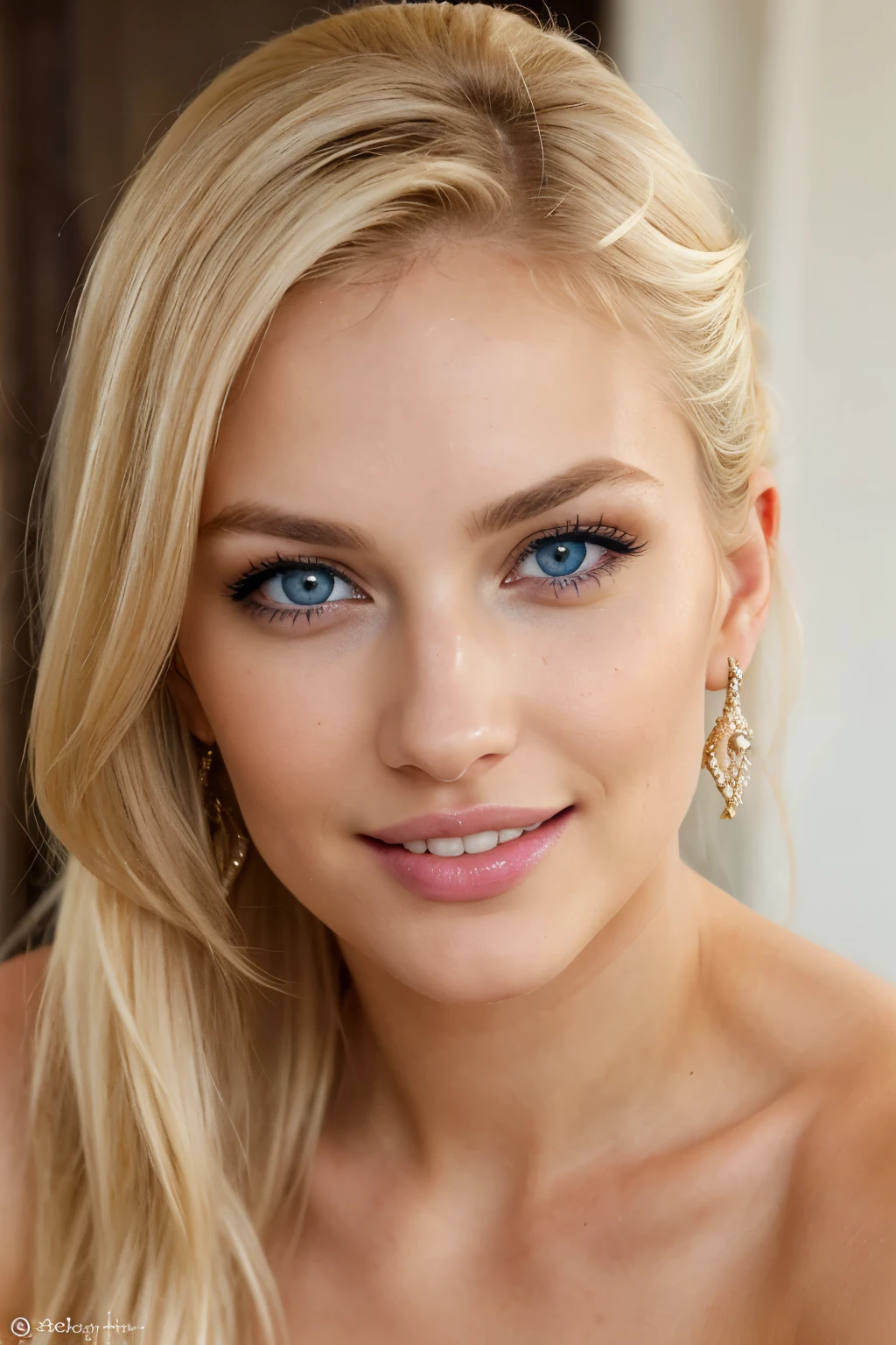 A close up of a woman with blue eyes and blonde hair - SeaArt AI