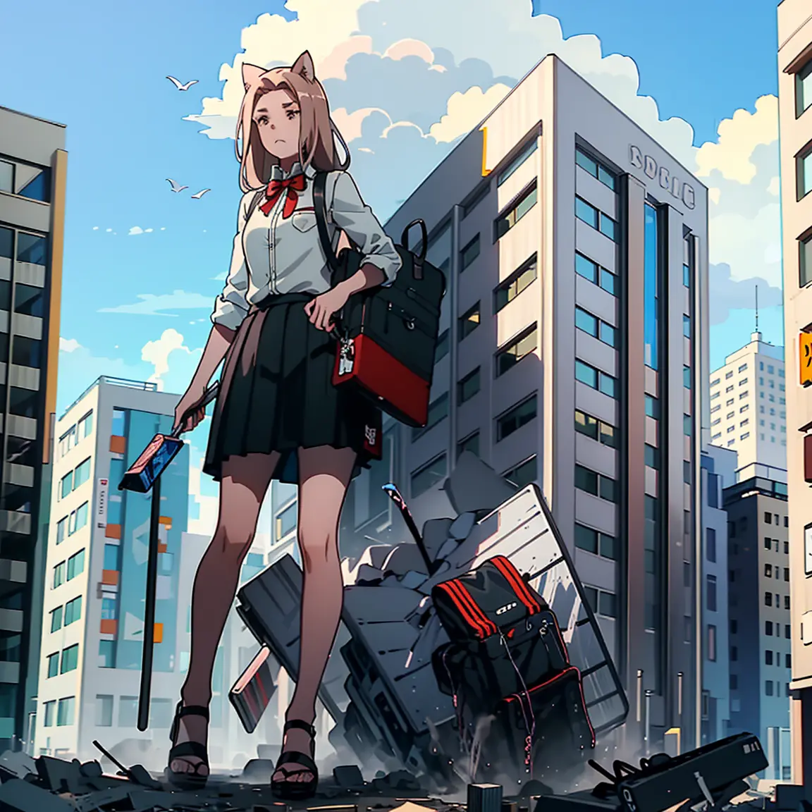 gts, giantess, cat ears, light frown, looking down, sky, loose shirt, skirt, blocking sun, sandals, stomping, destruction, build...