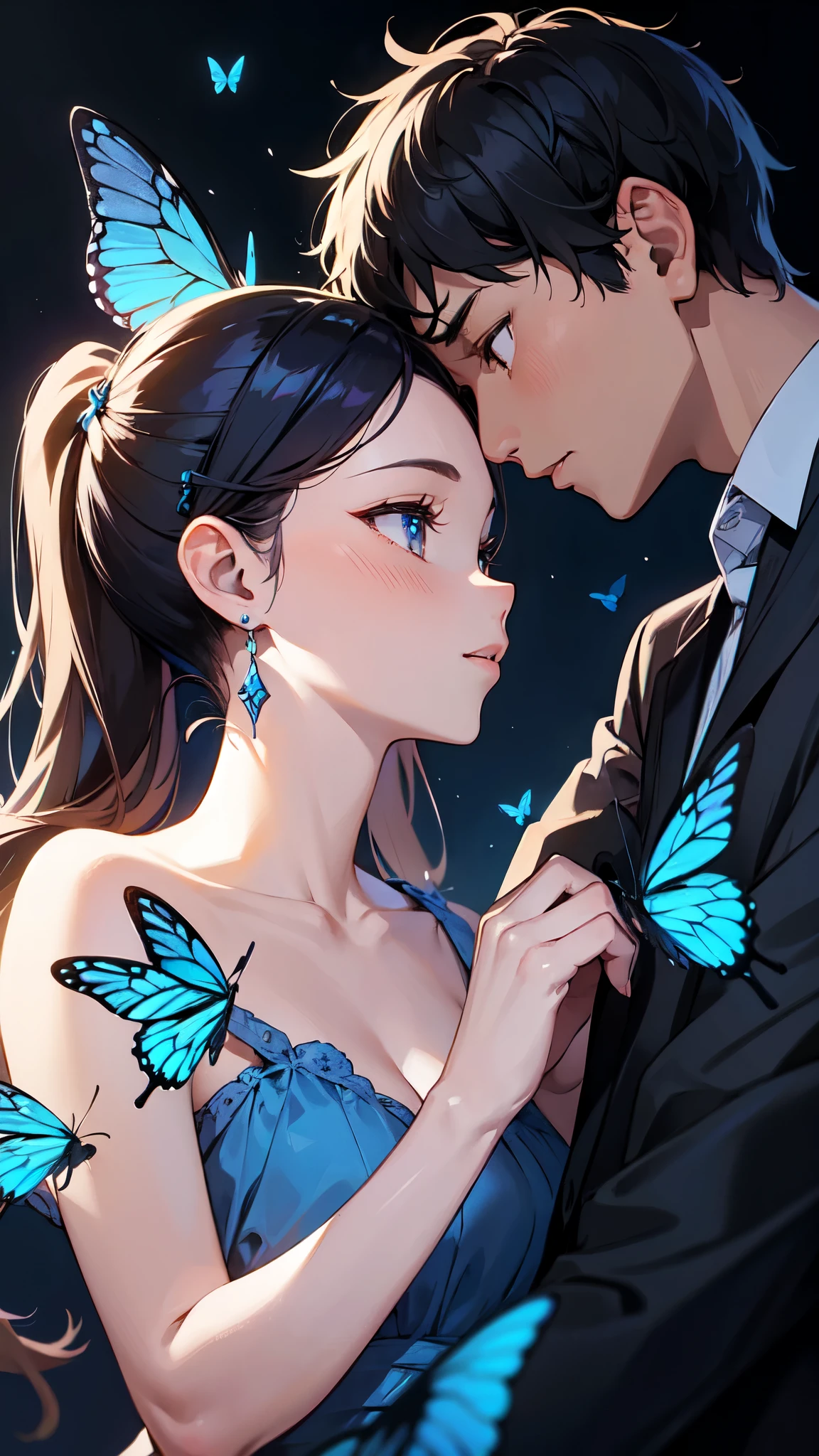 Masterpiece, best quality, couples, 1boy, 1girl, butterfly background, blue butterflies, girl  wearing jewelry, profile,raised hand holding, face to face, head touching, dark background, lovers, romantic 