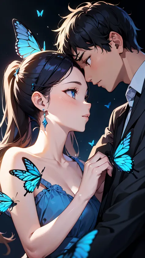 Masterpiece, best quality, couples, 1boy, 1girl, butterfly background, blue butterflies, girl  wearing jewelry, profile,raised h...