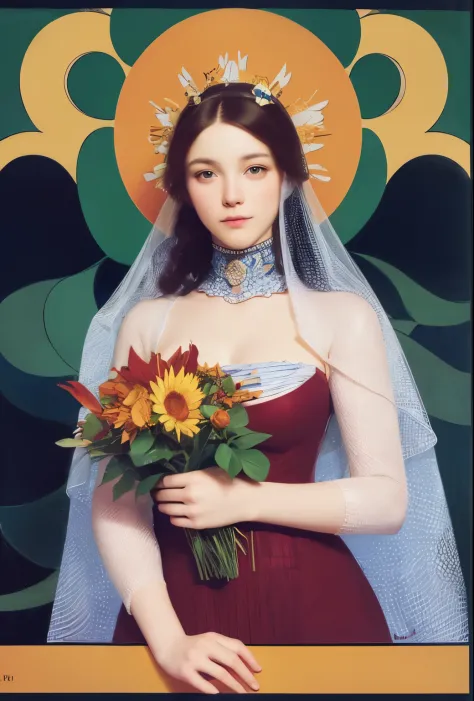 chiaroscuro technique on illustration of an elegant Stylized poster, Russian beauty, in sunflowers, (artist Andrey-Remnev), ((Best Quality, tmasterpiece)), Extreme detailing, 8K painting of a woman holding a bouquet of sunflowers in front of a golden backg...