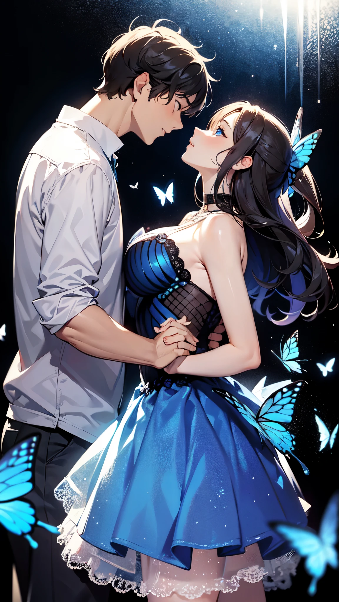 Masterpiece, best quality, couples, 1boy, 1girl, butterfly background, blue butterflies, girl wearing jewelry, profile,raised hand holding, face to face, head touching, dark background, lovers, romantic, girl wearing transparent dress, sexy, large breasts 