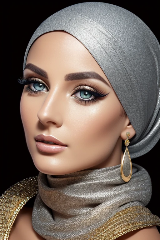 photorealistic, ultra detailed, Portrait of European woman, hazel eyes, blue hijab, silver earrings, jewelry, black large bold eyelines, gold brown bold eyeshadows, huge eyelashes, white turtleneck dress, brown lips
