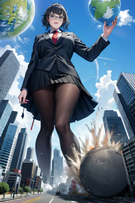 giantess art, surreal high school girl, 非常に詳細なgiantショット, giant, shorthair, a gigantic high school girl that&#39;s much bigger th...