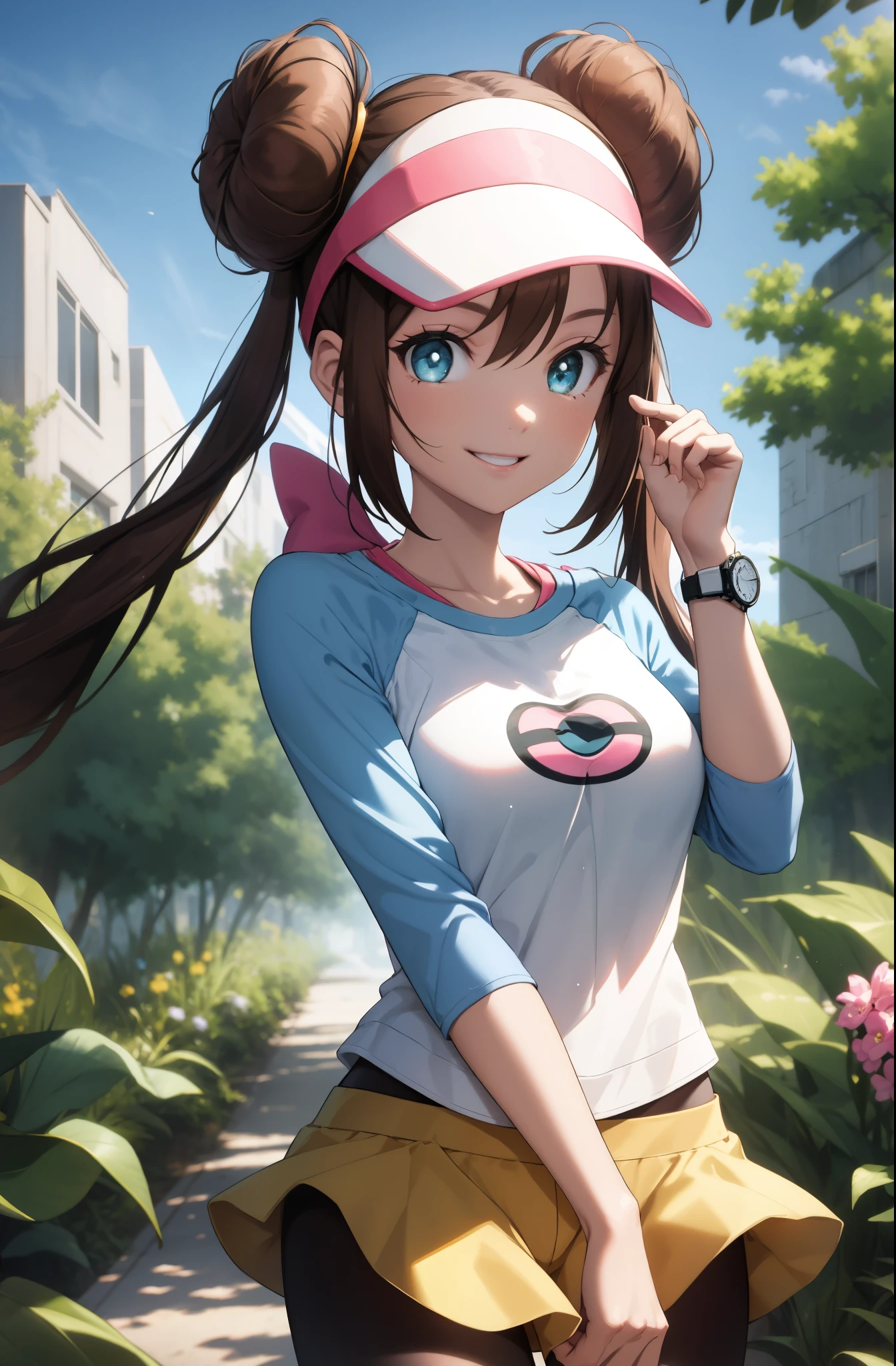 twintails, perfect eyes:1.2, detailed eyes:1.4, ro1, smile, long hair:1.2, hair bun, visor cap, pantyhose, raglan sleeves, yellow shorts, shirt, pink bow, wristwatch, blue eyes, cowboy shot, 1girl, solo, (masterpiece:1.6, best quality), 8k, insane details, intricate details, hyperdetailed, hyper quality, high detail, ultra detailed, professional, HDR, ray tracing reflection, cinematic lighting,