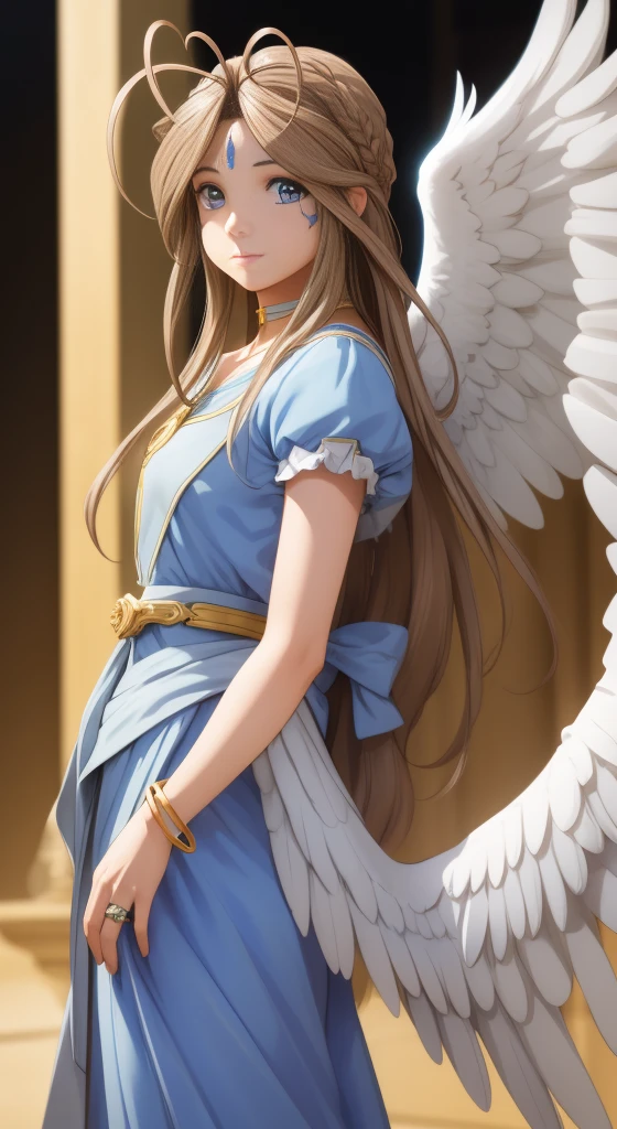 (masterpiece), best quality, high resolution, belldandy, long hair, blue eyes, brown hair, facial mark, forehead mark, gloves, wings, choker, bracelet, ring, feathers, angel wings, view from side:0.6, (forrest:1.1), stand, 20 years old