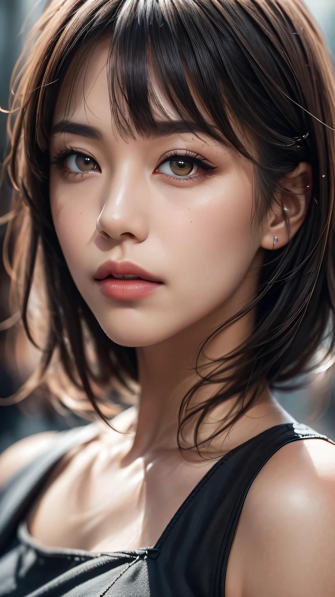 dressed, (photo realistic:1.4), (hyper realistic:1.4), (realistic:1.3), (smoother lighting:1.05), (increase cinematic lighting quality:0.9), 32K, 1girl,25yo girl, realistic lighting, backlighting, light on face, ray trace, (brightening light:1.2), (Increase quality:1.4), (best quality real texture skin:1.4), finely detailed eyes, finely detailed face, finely quality eyes, (tired and sleepy and satisfied:0.0), (((face closeup))), bikini, korean girl, (Increase body line mood:1.1), (Increase skin texture beauty:1.1), (light makeup, [[pink lipstick]], eyeliner), (Brown eyes), ((light dark short (side swept bangs), extremely detailed)), 