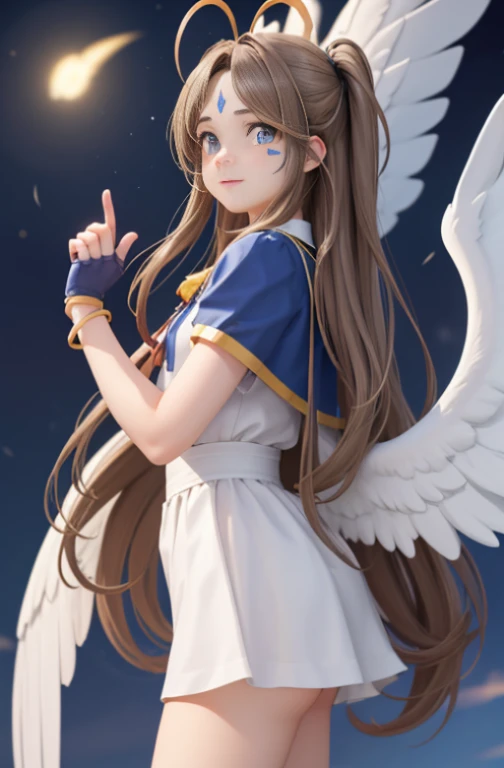 (Masterpiece), best quality, high resolution, Bell Dandy, long hair, blue eyes, brown hair, facial mark, Forehead marker, glove, wings, Neck throttle, bracelet, rings, body hair, angel wings, View from the side:0.6, (Forrest:1.1), stand, 20 age, Happy new years, rocket, nighttime