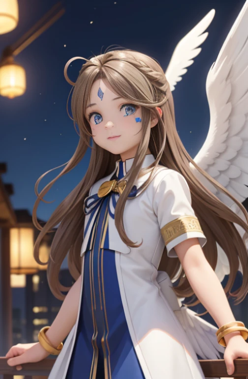 (Masterpiece), best quality, high resolution, Bell Dandy, long hair, blue eyes, brown hair, facial mark, Forehead marker, glove, wings, Neck throttle, bracelet, rings, body hair, angel wings, View from the side:0.6, (Forrest:1.1), stand, 20 age, Happy new years, rocket, nighttime